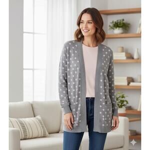 Isaac Mizrahi Live! QVC Women Medium Gray & Pink Polka Dot Open Cardigan Sweater